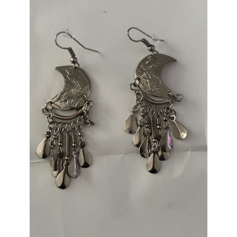 Silver Tone Crescent Moon Dangle Earrings Celestial Boho Drop Charms - Picture 3 of 5